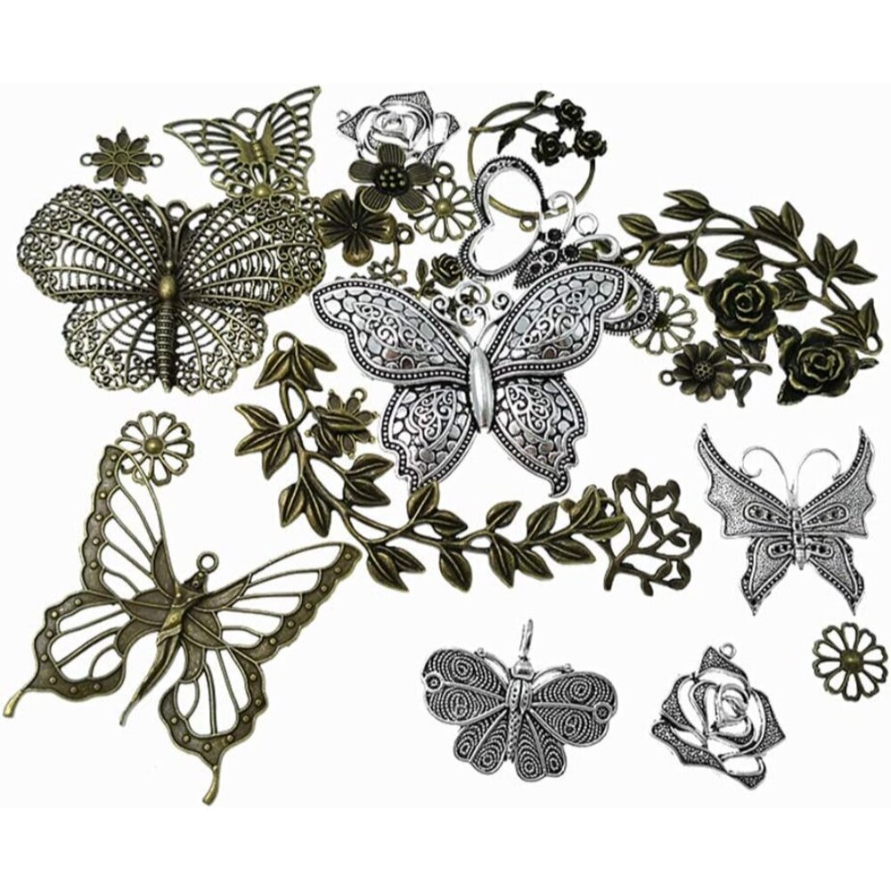 Butterfly Flower Leaf Charm Pendant for DIY Jewelry Making Accessaries29pcs,Silv